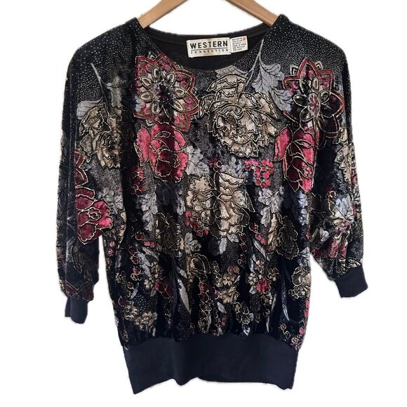 Vintage Western Connection Velvet Glitter Ranch Wear Shoulder Pads Blouse Top M - Picture 1 of 6